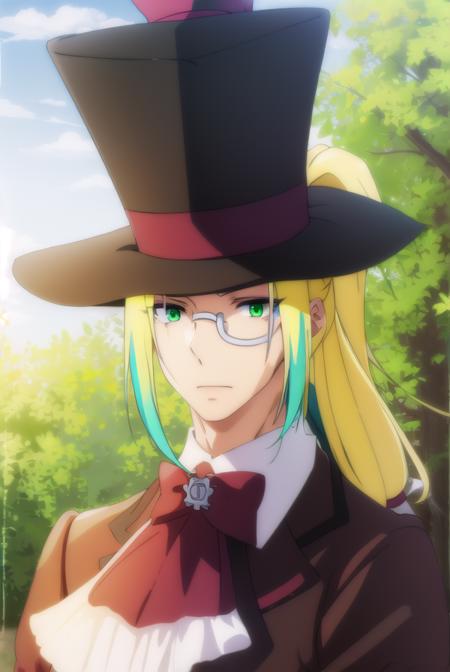 fruitofevolutionvitor, <lora:fruitofevolution vitor s2-lora-nochekaiser:1>,
vitor, long hair, blonde hair, (green eyes:1.3), ponytail, male focus, multicolored hair, glasses, makeup,
BREAK hat, pants, ascot, top hat, monocle,
BREAK outdoors, nature, forest, grass, 
BREAK looking at viewer,
BREAK <lyco:GoodHands-beta2:1>, (masterpiece:1.2), best quality, high resolution, unity 8k wallpaper, (illustration:0.8), (beautiful detailed eyes:1.6), extremely detailed face, perfect lighting, extremely detailed CG, (perfect hands, perfect anatomy),