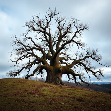 a massive dead cherry tree in the middle of a hill, unique shape, asymmetrical, bad weather
