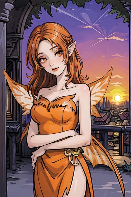 masterpiece, best quality, ultra-detailed, illustration, 1girl, solo, fantasy, firefaerie, (summer night sunset:1.3), cowboy shot, (high contrast:1.1), (intense:1.1), orange hair, multicolored hair, fairy wings, strapless dress, makeup, bare shoulders, hair over one eye, (night city road:1.2),  <lora:firefaerie-000010:1>