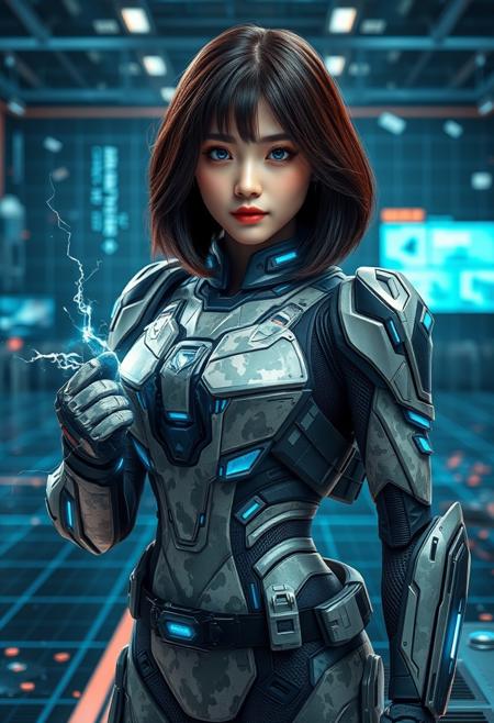 a beautiful Japanese woman, 20 years old, with shoulder-length dark brown hair and sapphire blue eyes, wearing a high-tech mecha suit with digital camouflage patterns and blue neon accents. She is standing in a digital battlefield simulation, with grids, virtual enemies, and digital debris around her. Her stance is ready for action, with a high-tech weapon in hand. FuturEvoLabMecha, ,, her hand crackling with electricity as she gazes directly at the camera. ,gigantic boobs,looking at viewer,from front,