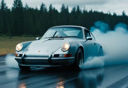 raw photo of a fast moving drifting classic Porsche 911, moving tires, Movie Still, Film Still, nebula, wet road, Need For Speed, Fast & Furious