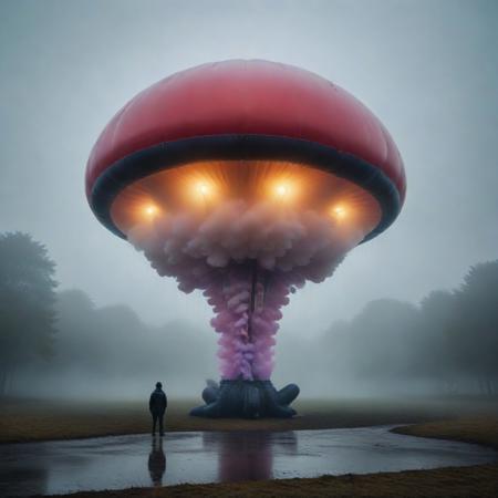 sfw, shnywrld, art style,  ,masterpiece,(best quality),extremely detailed ,   scifi, cyberpunk, steampunk, inflatable, zipper, mushroom, dramatic scene, in an open space, liminal,colourful fog, mist,colourful smoke, , shnywrld<lora:challenge\shinyworld_2dim.safetensors:0.75:0.75>