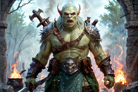 bioluminescent, an orc weaponmaster with green skin, wearing heavy armor, inspecting a sword, solo, from the Stonecrusher Clan, with stone armor and gray war paint, an orc blacksmith forge with a roaring fire, iron tools, weapon racks, detailed background, leading warriors, shouting commands, determined, furrowed brow, action focus, medium shot, an orc funeral with orcs mourning, pyre burning, bones placed on a stone, a pot of war paint, nearby, on swamp mud, wet and slimy, thunderstorm, booming thunder, lightning strikes, heavy rain, late morning, warm sunlight, soft breeze, clear skies, best quality, vibrant colors, realistic style, high detail, high-definition, hyper-realistic, extremely high-resolution details, fine texture, incredibly lifelike, realistic, not cartoon, not drawing, highres, 4K resolution, source photo, realistic photo, masterpiece, best quality, amazing quality, very aesthetic, ultra-detailed, detailed textures, natural lighting, soft light, swamp green tones, murky greens and browns, misty light, diffused soft glow, medium shot, <lora:Mystic_Lumina_r1-000007:0.9>