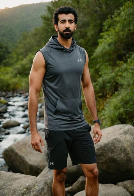 photo of Kal Penn a man <lora:Roshan-Mathew_Kal-Penn:0.8>, wearing a sleeveless well-fitted under armour hoodie and compression shorts, standing on a boulder, outdoor trail, 35mm photograph, film, bokeh, professional, 4k, highly detailed, creek in the background, natural lighting, golden hour
