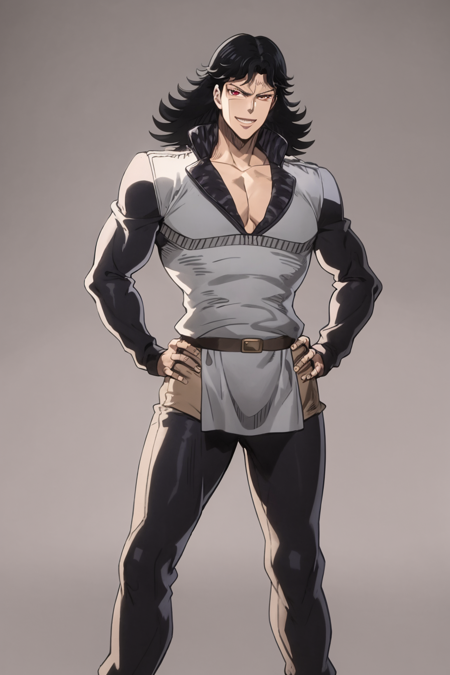 masterpiece, best quality, 1boy, steelydan, black hair, long hair, red eyes, dark skin, full body, standing, contrapposto, hands on hips, smile, looking at viewer, solo, solid grey background, simple background <lora:SteelyDan:0.9>