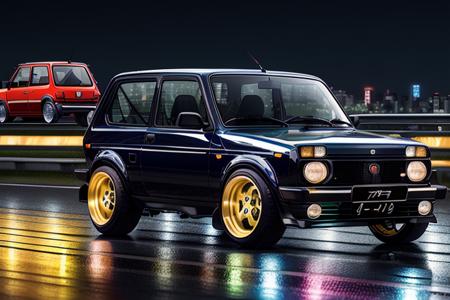 ((STANCE)), ((hot hatch)), masterpiece,best quality,official art,extremely detailed CG unity 8k wallpaper,illustration, light,car, bright, vehicle focus, road, ((need for speed)), moving, wet, (night, midnight:1.5), tokyo,neon lights,drift,  <lora:VAZ2121:0.8>, ((VAZ2121))