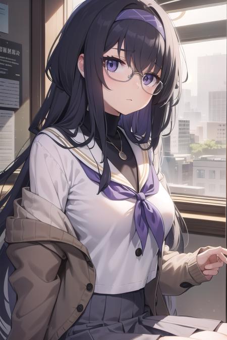 uikozeki, <lora:uikozeki-lora-nochekaiser:1>,
ui kozeki, bags under eyes, black hair, (purple eyes:1.5), glasses, halo, long hair, red-framed eyewear,
BREAK black pantyhose, black undershirt, blue hairband, blue neckerchief, brown cardigan, brown sweater, cardigan, hairband, long sleeves, messy hair, neckerchief, pantyhose, sailor collar, school uniform, serafuku, sweater, white sailor collar, white serafuku, skirt, long skirt,
BREAK looking at viewer,
BREAK indoors, classroom,
BREAK <lyco:GoodHands-beta2:1>, (masterpiece:1.2), best quality, high resolution, unity 8k wallpaper, (illustration:0.8), (beautiful detailed eyes:1.6), extremely detailed face, perfect lighting, extremely detailed CG, (perfect hands, perfect anatomy),