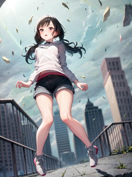 masterpiece, best quality, 1girl, solo, <lora:hin-5:1>, twintails, shorts, cloudy sky, dynamic angle, sky, levitation, amano_hina,falling,  depth of field