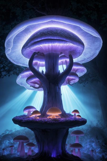 misty enchanted forest, glowing mushrooms scattered on the forest floor, ancient trees with twisting branches, soft blue and purple lighting, gentle fog rays through trees, fantasy magical vibe, high detail forest floor