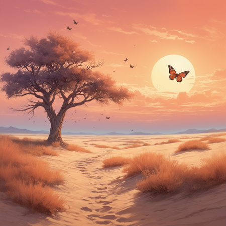 sublime ancient illustration of comic ethereal fantasy concept art of late evening, ((butterfly)) flying above the sandy steppe at sunset near a tree, cloudy sky, dry grass on sand, light fog, pastel shades, (light coral tones), saturated colors . magnificent, celestial, ethereal, painterly, epic, majestic, magical, fantasy art, cover art, dreamy . graphic illustration, comic art, graphic novel art, vibrant, highly detailed, predating human civilization. crude and simple, but also surprisingly beautiful artwork, made by genius primeval artist. best quality, high resolution