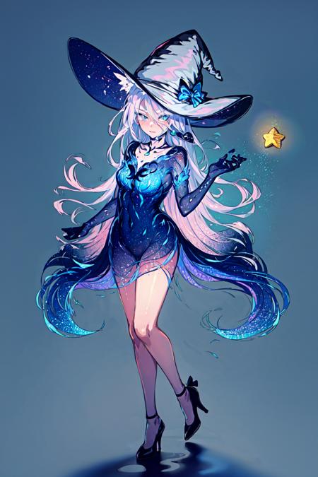 masterpiece, best quality, 1girl,star \(symbol\),witch hat,  <lora:XingK-000016:1>,dress,high heels,