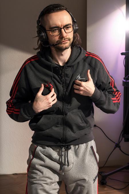 <lora:elXokas_v1-000009:1> rxks, masterpiece, best cinematic quality, photorealistic highly detailed 8k raw picture, volumetric lighting, volumetric shadows, portrait of a man in sweatpant, glasses, headphones, Standing straight with hands at sides, random dynamic background