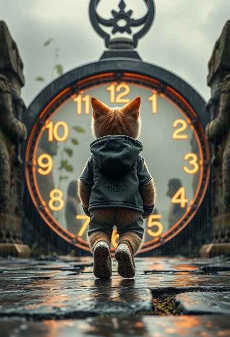 personification tiny cute cat wearing the North Face clothes and hiking shoes, walking inside an old clock magical portal with glowing numbers around it, with Moai Giant Stone Statues, leaves in the background, raining, wind, weathercore, an epic scene, surreal photography in the style of Cai Guoqiang, a time portal gate, time travel, a time tunnel, fantasy landscape, a misty afternoon light, a dramatic sky, cinematic, gray and green, ultrawide, back view