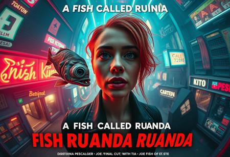 **“A captivating and surreal movie poster for A Fish Called Ruanda, a futuristic B-movie thriller with a girly, campy twist. The scene is viewed through the exaggerated distortion of a fish-eye 12mm cinema prime lens, pulling the viewer into the chaotic, neon-soaked dystopian cityscape. Front and center is the main actress, Katarina Pesceallegro, a striking redhead with a mix of glamour and danger in her expression. Floating ominously nearby is a grotesque, decaying fish, symbolizing the ‘very rotten climax.’
The poster includes bold, retro-futuristic typography for the title A Fish Called Ruanda, with the subtitle in Polish beneath it. The credits at the bottom feature:
	•	Directed by: Max Morrison
	•	Director of Photography: Diego Dalla Luce
	•	Edited by: JOE “FINAL CUT” Switcho
	•	Main Actress: Katarina Pesceallegro
	•	Co-Starring: JOE FISH
	•	With the Cameo of: STEWEN SEAGULL
The design blends neon tones, gritty textures, and campy B-movie flair, making it a trendsetting cinematic experience that teases its quirky, action-packed storyline.”**