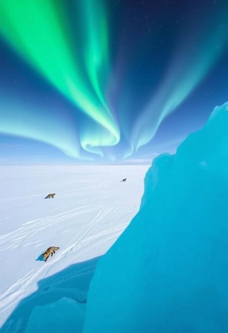 On the polar glacier, the azure icebergs reflect the aurora in the sky. Bands of green and purple lights dance in the night sky, with vast snowy expanses in the distance, dotted with a few leisurely walking Arctic foxes, creating a tranquil and mysterious scene.