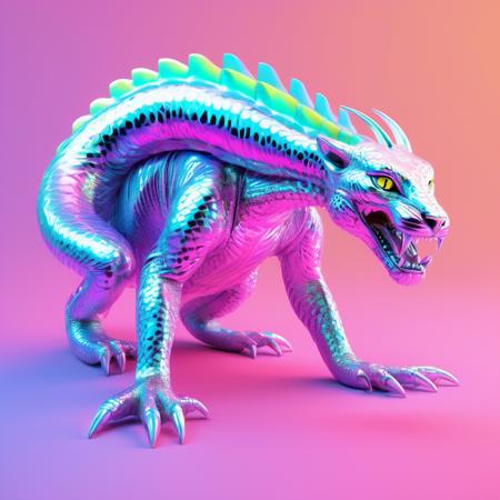 3d isometric, blender render, soft colorful-hued colors, retro-futuristic art, holography. (Massive Mythical Webbed Serene Reptilian, Hexapod Quadrumanual, Scaled Appendages, Quadrifurcated-Tailed Curved-Tailed, Iridescent Skin,   Curled Horns Snouted Mouth Leopard Spots), smooth and shiny, shiny and glossy, precise and lifelike, bold contrasts, iconic imagery, glossy finish, holographic <lora:Holography:0.6> Two tone lighting, abstract geometric gradients, geometric shapes, simple background
