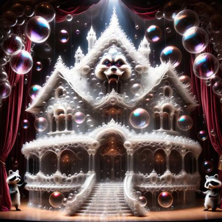 Haunted bubble opera house with chandeliers dripping iridescent soap orbs, a raccoon diva hitting high notes that burst bubbles mid-air, pun: “Phantom of the Bubblea,” dramatic velvet curtains billow from ghostly laughter