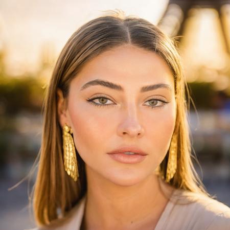 Madcline, 8k, RAW close-up photograph, standing in a garden, paris in the background, eifel tower, (((full body photograph))), golden hour, detailed face, detailed face