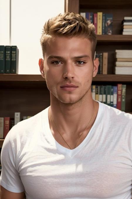 ((masterpiece)), ((best quality:1.2)), High Resolution, 8k, (ultra_realistic:1.3), (photorealistic:1.4), (instagram model, handsome:1.2), sharp focus, a photo of (matthewnoszkakm), wearing white vneck shirt, in a library reading books, bookshelf in the background, teacher, classroom, ((looking at viewer)), <lora:MatthewNoszkaKM_13:0.8>