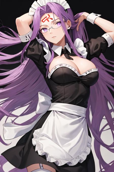 best quality, masterpiece, highres, solo, {maid:1.40}, {long maid dress:1.15}, {medusa_fgo:1.15}, long_hair, purple_hair, very_long_hair, purple_eyes, breasts, large_breasts