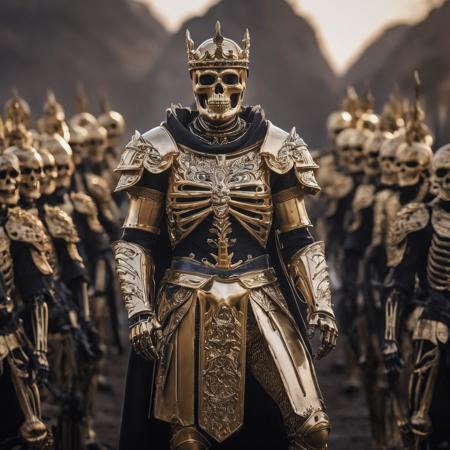 skeleton king in golden armor with skeleton army behind him, full color, cinematic light, dynamic composition, dramatic atmosphere, elegant, highly detailed, extremely scientific, sharp focus, inspired, colorful, artistic, fine detail, epic, stunning, perfect, surreal, beautiful, intricate, amazing, symmetry, illuminated background, professional, winning, best, pure, ambient, creative 8k uhd, dslr, soft lighting, high quality