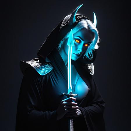 cleavage, plunge top, masterpiece, best quality, good quality, very aesthetic, absurdres, newest, 8K, depth of field, focused subject, 
close up, 1girl, demon face, solo, black jedi robe, glowing hair, looking at the viewer, heterochromia eyes, neon color palette, holding neon sword, eerie, dynamic lighting, shadows, silhouette, ghost in armor, dynamic angle,from side,