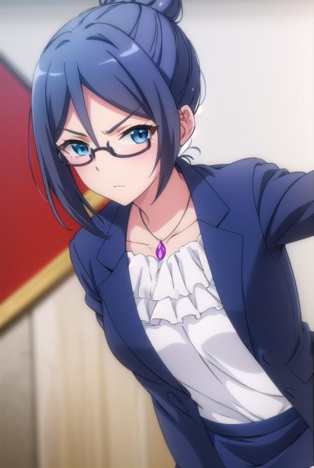 beatriceroegner, <lora:beatrice roegner s2-lora-nochekaiser:1>,
beatrice roegner, short hair, blue eyes, blue hair, glasses, hair bun, single hair bun, semi-rimless eyewear,
BREAK skirt, shirt, jewelry, collarbone, jacket, white shirt, pantyhose, necklace, blue skirt, black pantyhose, formal, single hair bun, suit, blue jacket, pencil skirt, teacher, skirt suit,
BREAK indoors, classroom,
BREAK looking at viewer,
BREAK <lyco:GoodHands-beta2:1>, (masterpiece:1.2), best quality, high resolution, unity 8k wallpaper, (illustration:0.8), (beautiful detailed eyes:1.6), extremely detailed face, perfect lighting, extremely detailed CG, (perfect hands, perfect anatomy),