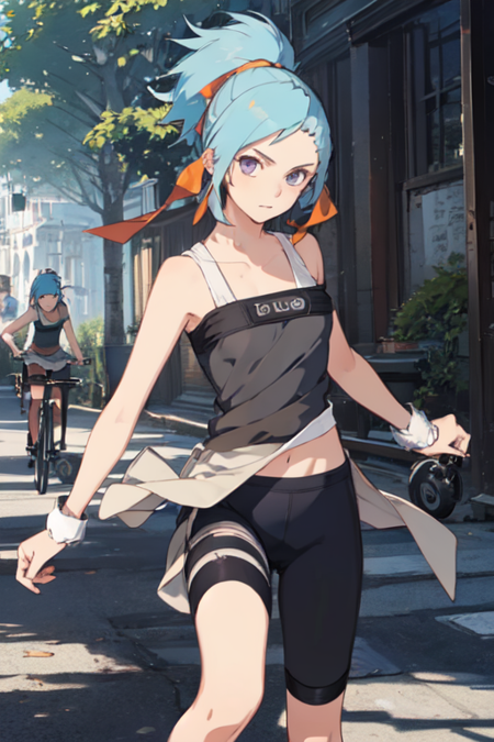 AzureFang, 1girl, solo, bare shoulders, blue hair, purple eyes, orange hair, bike shorts, 