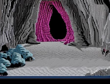 classic dosbox screen capture of the mouth of a cave on a huge asteroid sq3 <lora:Sierra_SCI_v1:0.7> sierra online, ega