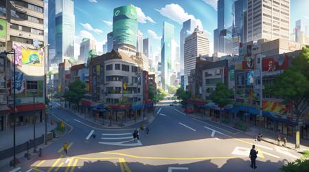 Concept art, horizontal scenes, horizontal line composition, scenery, building, outdoors, sign, city, road, street, road sign, crosswalk, cityscape, shadow, ground vehicle, traffic light, standing, plant<lora:hengban:0.8>,