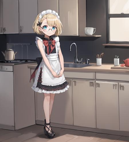 <lora:G36Cute:1>,solo,g36Cute,1girl,blond hair,blue eyes,maid,maid headdress,sleeveless,short hair,bowtie,glasses,braided bangs,smile,kitchen, standing on stepstool,full body,short