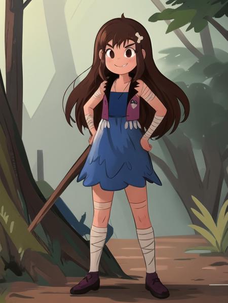 1girl, mariposa diaz, standing, very long hair, brown hair, blue dress, sleeveless, bone hair ornament, smile, arm wrap, forest, hand on hip,