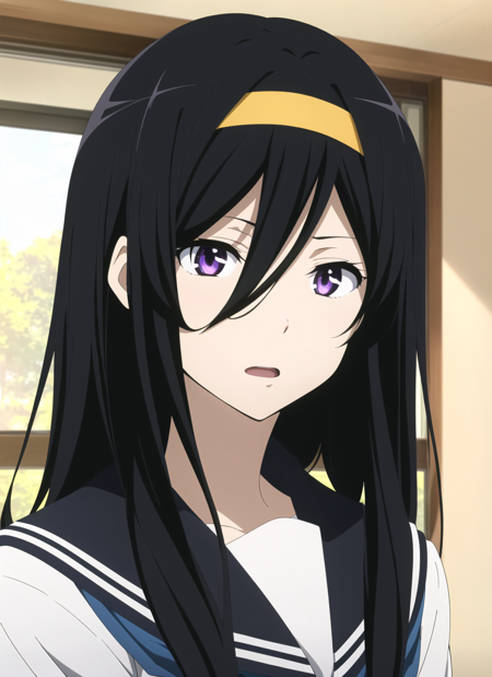 hyouka <lora:hyouka_offset:1>, masterpiece, best quality,  1girl, kamiyama high school uniform, black hair, school uniform, solo, long hair, hairband, open mouth, serafuku, anime coloring, purple eyes, hair between eyes