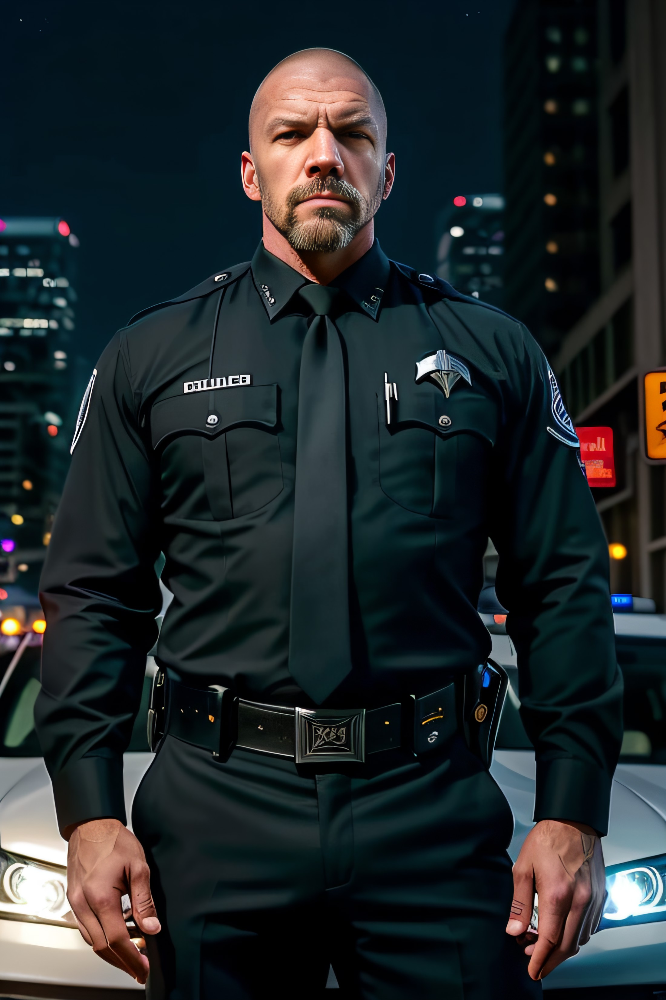 photo of (HHHBAL01:0.99), a man in his (fifties:1.2) as a policeman, modelshoot style, ((shaved head:1.2)), (full beard:1....