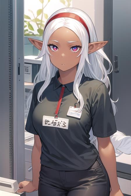 kuroeda, long hair, hairband, dark skin, dark-skinned female, white hair, (red eyes:1.3), (forehead:1.2), elf, pointy ears, short sleeves, hairband, pants, uniform, name tag, employee uniform,