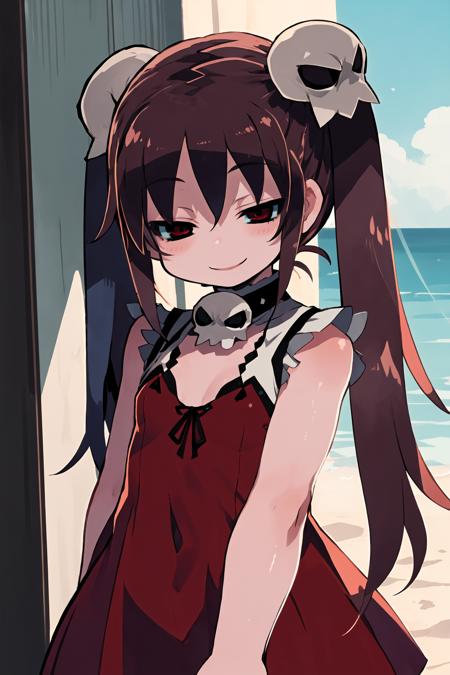 1girl, solo, henrietta (zankuro), skull hair ornament, twintails, red eyes, brown hair, long hair, small breasts, red dress, upper body, smile, half-closed eyes, looking at viewer, facing viewer, outdoors, (best quality), (detailed), soft shadows, illustration, 4k, <lora:HenriettaV2:1>, <lora:ZANKURO_STYLE:0.9>