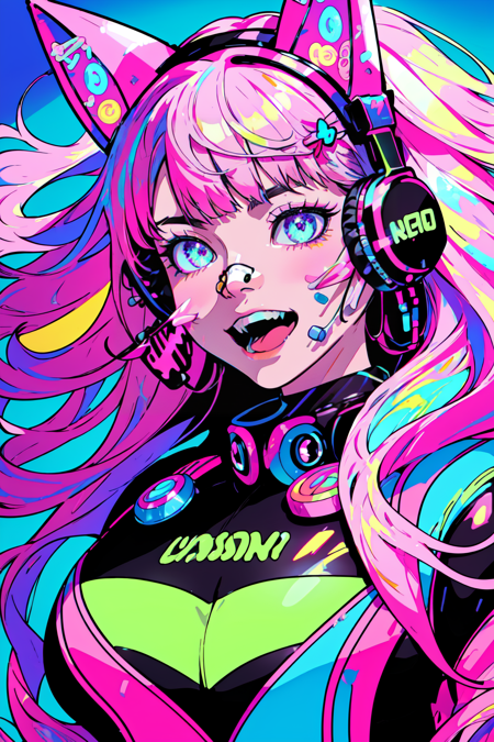 Neon Dreams, (masterpiece, best quality, ultra-detailed, highres, best illustration),perfect face, ((solo, solo focus, kawaii, neon rim lighting, neon back lights )),side lighting, epic, illustration, render, volumetric lighting, welcoming, see-through gossamer, lustrous skin,(bloom), (shine),1girl, solo, breasts, animal ears, bandaid, open mouth, fake animal ears, bandaid on face, headphones, animal ear headphones, bandaid on nose, smile, looking at viewer, cat ear headphones, long hair, jacket, upper body, bangs, nail polish, pink hair, large breasts, multicolored hair, colorful, teeth, hair ornament, neon theme, neon futurism,city background  <lora:Neon_Dreams:0.8>