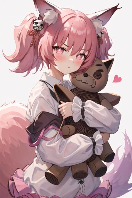 best quality, masterpiece, highres, solo, {shamare_arknights:1.15}, animal_ears, animal_ear_fluff, fox_ears, twintails, bangs, pink_hair, hair_between_eyes, hair_ornament, pink_eyes, closed_mouth, fox_girl, tail, symbol-shaped_pupils, fox_tail, upper_body, stuffed_toy, 1girl, holding, looking_at_viewer, shirt, stuffed_animal, white_shirt, knife, blush, heart, simple_background, white_background, holding_knife, long_sleeves, heart-shaped_pupils, v-shaped_eyebrows, object_hug, holding_stuffed_toy