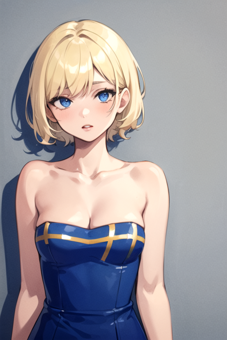 SisterSweden, 1girl, solo, short hair, blue eyes, blonde hair, medium breasts, blue dress, cleavage, bare shoulders, lips, strapless, short dress, sleeveless 