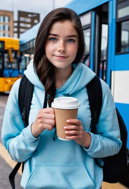 18-year old girl, dark hair, cream hoodie, light blue eyes, medium breasts, freckles,  with a black backpack, holding a coffee cup, standing on the bus station, hyperrealistic, realistic photo, 8k quality, best quality