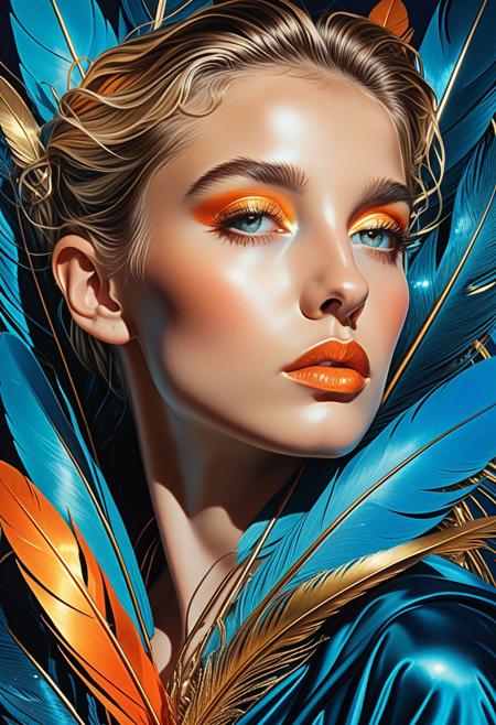Smooth Quality, ArsMJStyle, Colored pencil hyperdetailed realism, close-up portrait of a beautiful blonde haired greek woman, medium complexion, with a serene, contemplative expression. hereyes are half closed closed, and her, 
lips are slightly parted in a tranquil pose. The womans face and upper torso are depicted in a stylized, abstract manner, 
resembling a liquid metallic surface. Vibrant colors, including gold, orange, and various shades of blue, create a, 
dynamic interplay. Numerous reflective feathers and leaves of various sizes and shapes encapsulate and adorn his features, reflecting, 
lights and colors that amplify the visual impact. The background is a deep teal blue, creating a stark contrast with, 
the vibrant colors of the subject. All textures focus on smooth, reflective surfaces and shimmering metallic effects., 
Camera angle is a close-up, focusing on the face with visible details. The style is modern, abstract, and ethereal, 
suggesting a liquid or metallic dreamlike quality. A sense of calm and tranquility permeates the image., 
Visual style references surrealism, abstract art, and liquid metal digital art, with a focus on a reflective and, 
polished aesthetic, <lora:clear:1>, <lora:FF.101.juggernautXL_version6Rundiffusion.LORA:1>, <lora:Hyperdetailed_Colored_Pencil:1>, <lora:SDXLDetailer:1>