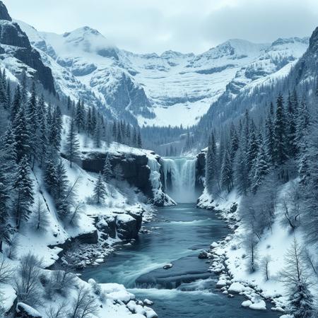 Medieval, D&D, contrast, a snowy mountain range, a half frozen waterfall, a fast flowing river and snowy forests, real photo, 4k