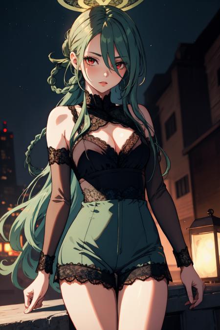 m1na, long hair, green hair,  halo, red eyes, braid, hair over one eye, black gloves, black necktie, coat,  collared white shirt, eyewear on head, jacket, black pants, holster, gun, thigh strap, thigh holster, covered navel, black footwear