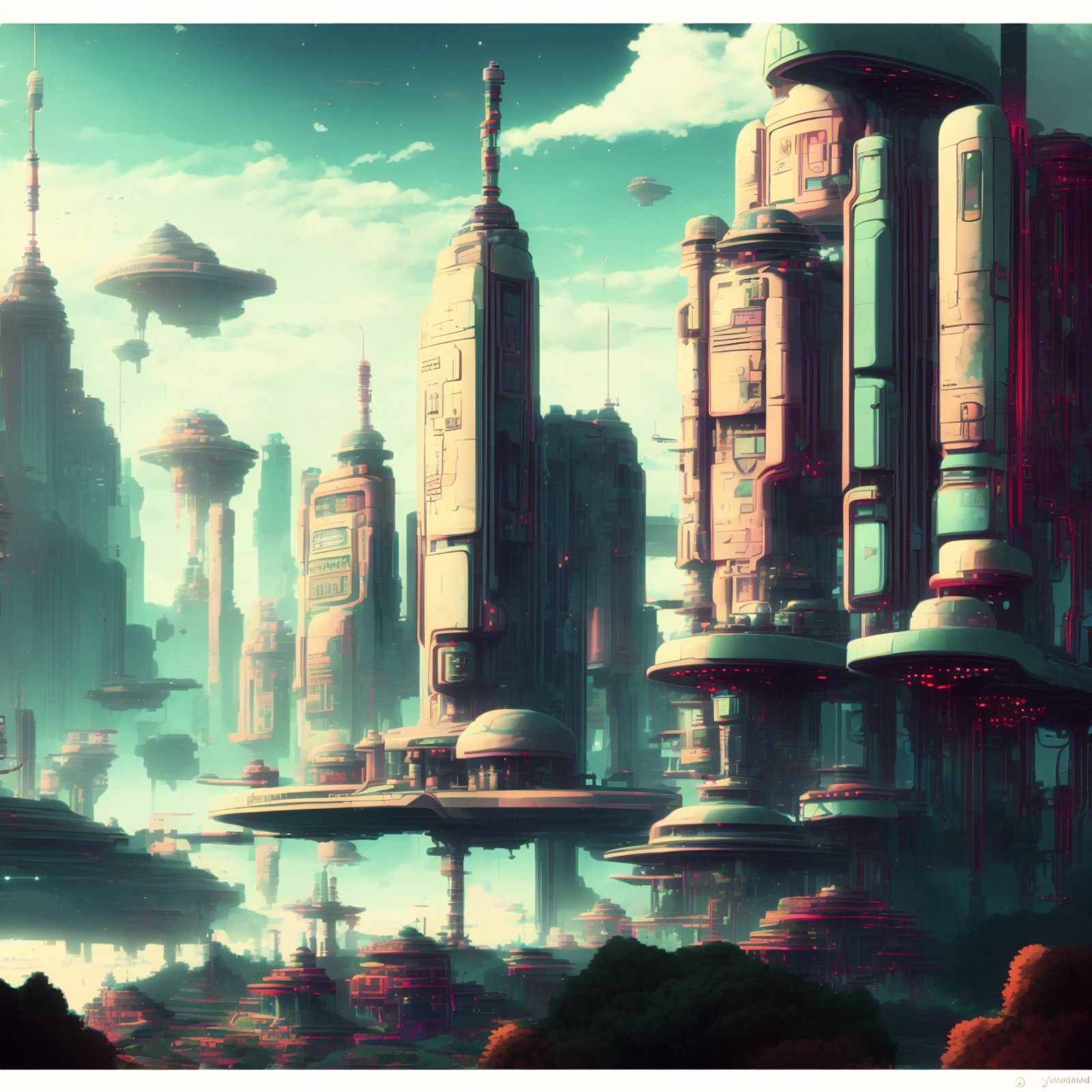 digital ink, wide shot, sci fi city, Cybercity, style by JovianSociety