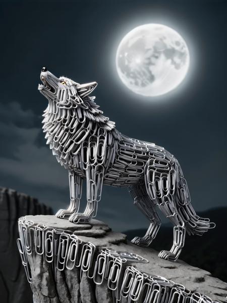 A ais-paperclips wolf, sat on the edge of a cliff howling at the moon <lora:Paperclips_Style_SDXL:1>