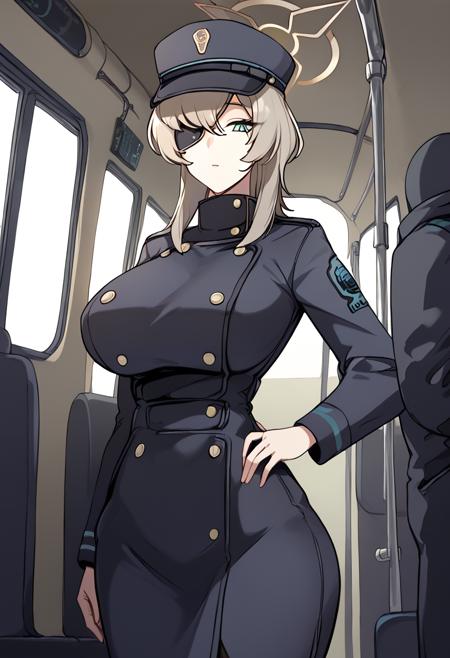 suou_\(blue_archive\) blonde hair, green eyes, yellow halo, black headwear, black gloves, uniform, coat, eyepatch,