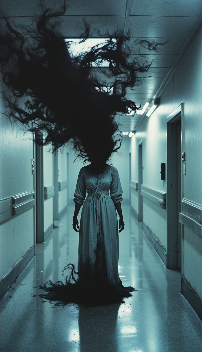 A surreal horror scene in a sterile institutional hallway with white walls and pale blue-tinted fluorescent lighting. A figure stands in the center, wearing a simple light-colored gown with long sleeves. Instead of a head, an enormous mass of black, smoke-like tendrils explodes upward and outward. These dark tendrils also trail behind the figure on the floor, creating a stark contrast against the polished reflective surface. The hallway features several closed doors and metal handrails along both sides.