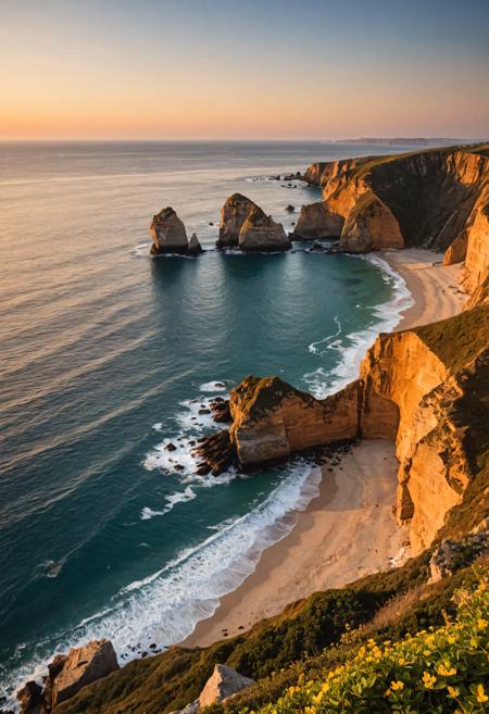 landscape photography of a coastal cliffs at sunset, where the horizon meets the sea in a breathtaking display of nature's grandeur. the soft, diffused lighting of the golden hour envelops the scene, casting long shadows across the rugged cliffs and illuminating the intricate details of the rock formations. in the style of david doubilet, this photograph captures not only the physical beauty of the landscape but also the ephemeral quality of the moment, inviting viewers to immerse themselves in the tranquility of the coastal sunset