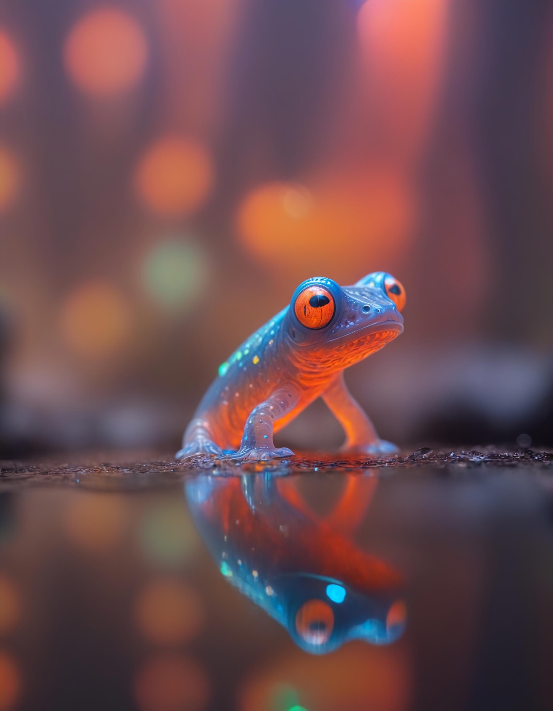 A small, colorful frog on a damp surface.