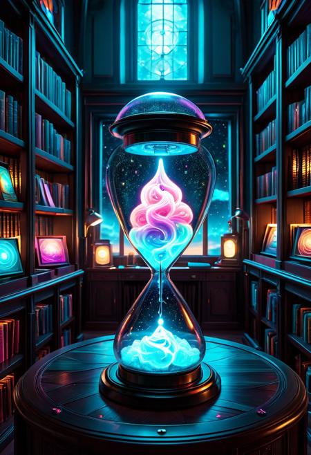 masterpiece, best quality, high resolution, absurdres, ultra-detailed, intricate details, ultra detailed, 8k, highly detailed, very aesthetic, professional 4k, Canon 5d mark 4, extremely detailed, very_detailed, high_detail, sharp focus, clean lines, perfect anatomy, realistic style,  
Bioluminescent, glowing neon, 
cottoncandy hourglass,
cyberpunk lab interior, library, fantasy world,
film grain, cinematic, colorful, moody lighting, natural light, soft light, depth of field, bokeh, light particles, backlight, chiaroscuro, refraction, subsurface scattering
